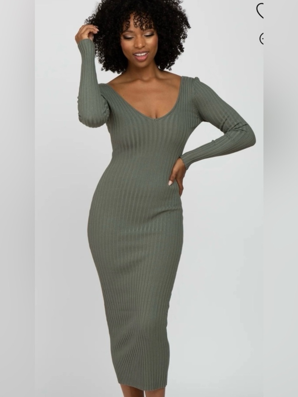 Hera Collection Olive Ribbed V-Neck Long Sleeve Midi Dress | Small
